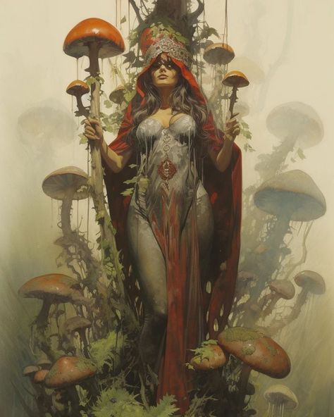 Dark fantasy mushroom witch in the 1970's style. #darkfantasy #dungeonsanddragons #fantasy #dnd #midjourney #aiart #ai #goblincore #cottagecore #witchcore #witch #witchaesthetic #nature Nature Witch Art, Dnd Witch, Mushroom Witch, Mushroom People, Fantasy Mushroom, Mushroom Cottagecore, Witch Core, Nature Witch, Faery Art