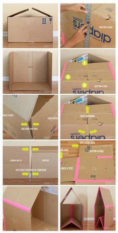 Easy to make cardboard playhouse // Turn a cardboard box into hours of entertainment for your little ones with this DIY collapsible playhouse. This cardboard playhouse was created, especially with small spaces in mind, because when the kids tire of it, the house collapses down flat for easy storage. Cardboard Box Houses, Perlengkapan Bayi Diy, Diy Karton, Cardboard Play, Cardboard Playhouse, Carton Diy, Cardboard Box Crafts, Cardboard Toys, Diy Bebe