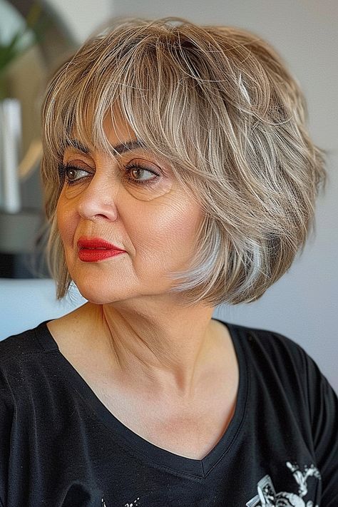 25 Stunning Haircuts with Bangs Perfect for Women Over 60 Feathered Bob With Bangs, Bob With Feathered Bangs, Bob With Soft Bangs, Feathered Layered Hairstyles, Gorgeous Haircuts, Straight Bob Hairstyles, Feathered Bangs, Short Shag Haircuts, Tousled Bob