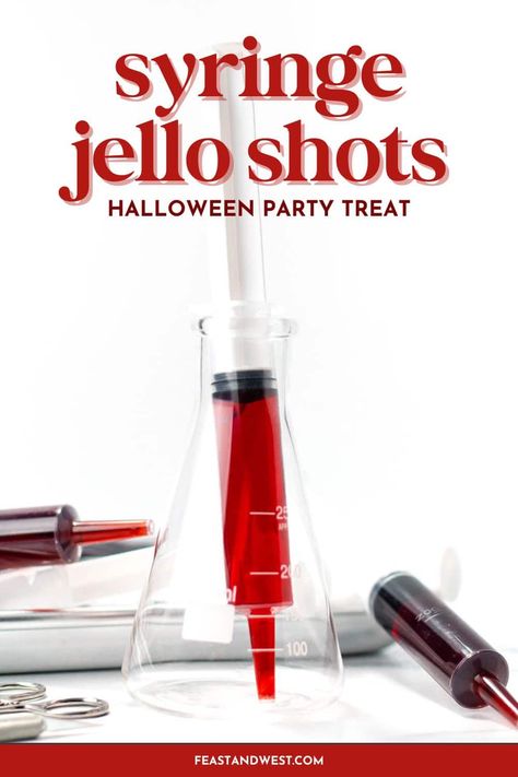 Jello shots are a nostalgic treat that’s fun to bring out at parties, and these Jello Shot Syringes are no exception! They have that dark, dramatic flair every Halloween event needs. https://feastandwest.com/gelatin-shot-syringes/ Jello Shots With Tequila, Shots With Tequila, Syringe Jello Shots, Raspberry Jello Shots, Jello Shot Syringes, Rainbow Jello Shots, Classy Halloween Party, Halloween Jelly, Jello Shots Recipe