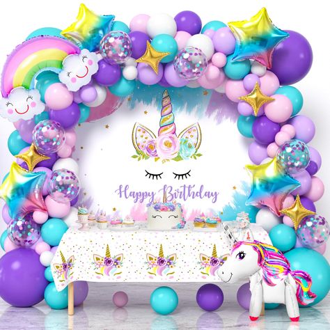 PRICES MAY VARY. 138PCS UNICORN BIRTHDAY PARTY DECORATIONS - This exquisite set includes 1 unicorn happy birthday backdrop; 1 unicorn tablecloth; 123pcs latex balloons (5"+10"+12"+18", 6 colors); 10 foil balloons (4 colorful five-pointed star balloons, 1 rainbow balloon, 1 4D unicorn balloon, 1 golden cross star balloon); 3 balloon accessories. Our unicorn themed birthday party decoration set is a dream feast, creating an incredibly exquisite unicorn wonderland for your little fairy. PERFECT UNI 6 Yrs Old Girl Birthday Party Ideas, Unicorn Birthday Party Decorations Decor, 6 Year Birthday Party Ideas Girl, Balloon Arch With Backdrop, Unicorn Party Ideas Decoration, Unicorn Theme Birthday Decoration, Unicorn Birthday Ideas, Unicorn Balloon Arch, Baby Unicorn Party