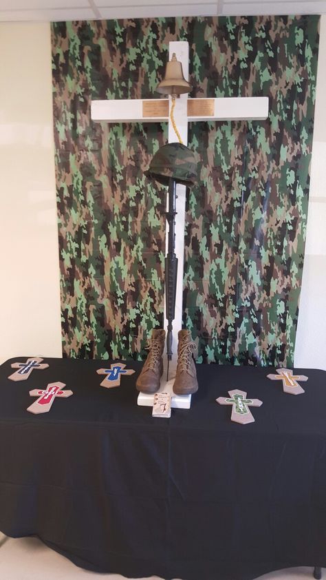 Army display for vbs Army Vbs Decorations, Lords Army Trunk Or Treat, Bible Boot Camp Vbs, Lords Army Vbs, Army Party Decorations, Army Boot Camp, Camp Vbs, Army Camp, Christmas Parade Floats