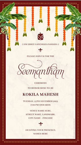 Traditional Indian Seemantham Invitation Card Online Sreemantham Invitation Templates, Seemantham Invitation Card Traditional, God Bharai Invitation, Seemantham Invitation Card Template, Tamil Invitation Cards, Traditional Invitation Templates, Sreemantham Invitation Card, Godh Bharai Invitations, Baby Shower Invitation Cards Indian