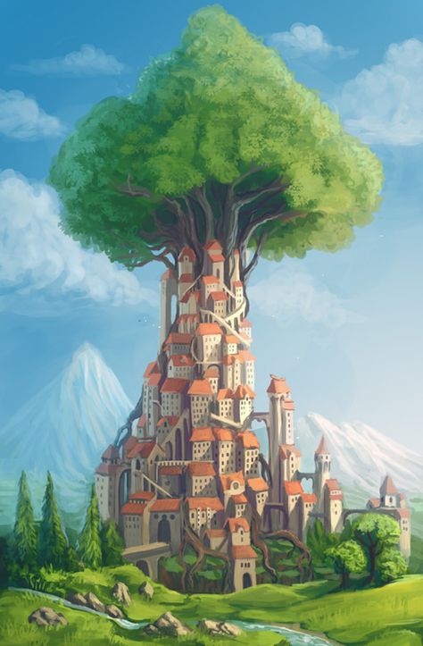 The Art Of Animation, Alexandra Semushina Tree Town, Landscape Designs, Fantasy City, Fantasy Places, Fantasy Art Landscapes, Fantasy Concept Art, 판타지 아트, Environment Design, Fantasy Inspiration