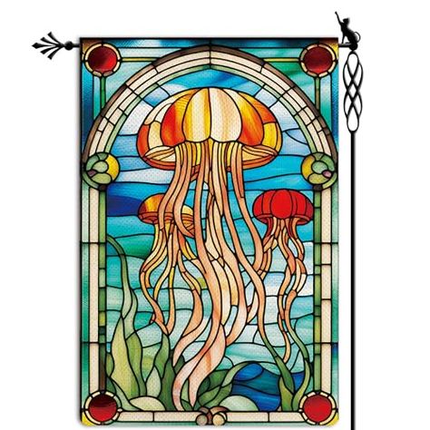 Glass Jellyfish, Glass Style, Garden Flags, Jellyfish, Stained Glass, Burlap, Lawn, Double Sided, Stain