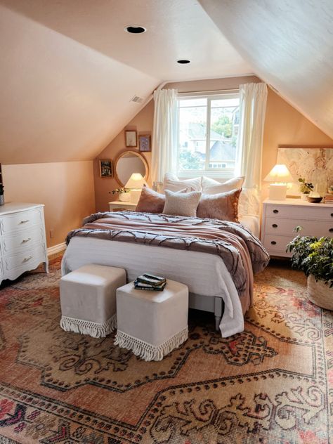 Bedroom Decor Attic Room, Loft Primary Bedroom, Girly Attic Bedroom, Bedroom A Frame Ceiling, Attic Bedroom Conversion, Cozy Slanted Ceiling Bedroom, Peaked Roof Bedroom, Angles Ceiling Bedroom, Double Slanted Ceiling Bedroom