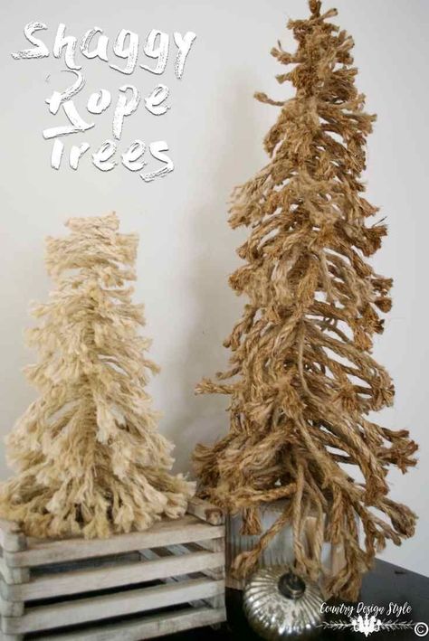 Make these shaggy rope trees easily with this step by step tutorial. These farmhouse style vintage looking trees are fun to display all year around. Not just for the Christmas season. | Country Design Style | countrydesignstyle.com Rope Christmas Tree, Shabby Chic Christmas Tree, Diy Tree, Rope Crafts Diy, Shabby Chic Christmas, Christmas Tree Crafts, Rope Crafts, Boho Christmas, Chic Christmas