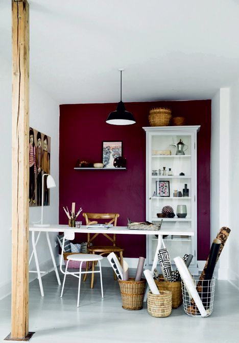 purple accent wall in a white craft room makes a bold statement Aubergine Accent Wall, Berry Wall Color, Burgundy Accent Wall, Burgundy Office, Purple Accent Wall, Violet Wall, Studio Workspace, Burgundy Walls, Accent Wall Paint