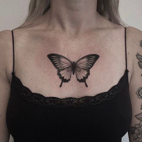 Butterfly Neck Tattoo, Butterfly Tattoos Images, Stomach Tattoos Women, Elbow Tattoos, Chest Tattoos For Women, Floral Tattoo Sleeve, Chest Piece Tattoos, Tattoo Style Drawings, Classy Tattoos