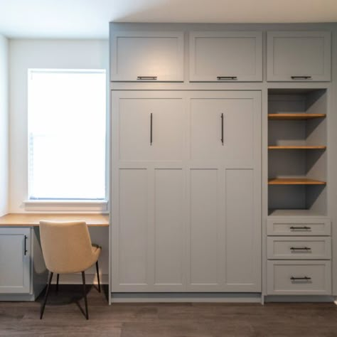 Home Office With Murphy Bed Built Ins, Nursery With Murphy Bed, Murphy Desk Diy, Office With Murphy Bed Ideas, Home Office With Murphy Bed, Office With Murphy Bed, Murphy Bed Office Guest Bedrooms, Murphy Bed Desk Combo, Bookcase Wall Bed