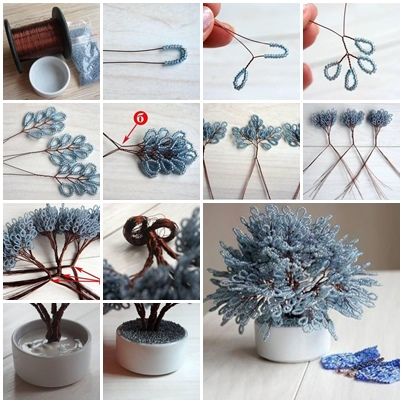 DIY Miniature Tree of Beads Step by Step Beads Step By Step, Diy Copper, Beaded Flowers Patterns, French Beaded Flowers, Wire Tree Sculpture, Wire Trees, Copper Diy, Miniature Trees, Wire Tree