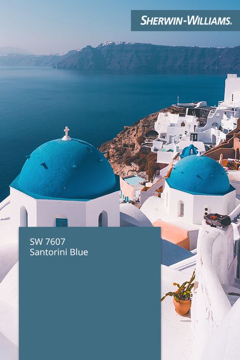 Bring the warm breeze and coastal vibes of Greece to your home with a blue hue like Santorini Blue SW 7607. Tap the pin to order a free color chip from Sherwin-Williams. #colorinspiration #vacation #greece #bluepaint #vacationhouse #sherwinwilliams #santorini #blue #greek Santorini Greece Color Palette, Greek Blue Paint Colors, Sherwin Williams Santorini Blue, Santorini Blue Sherwin Williams, Mediterranean Palette, Unique Color Names, Sherman Williams Paint, Mediterranean Color Palette, Greece Decor