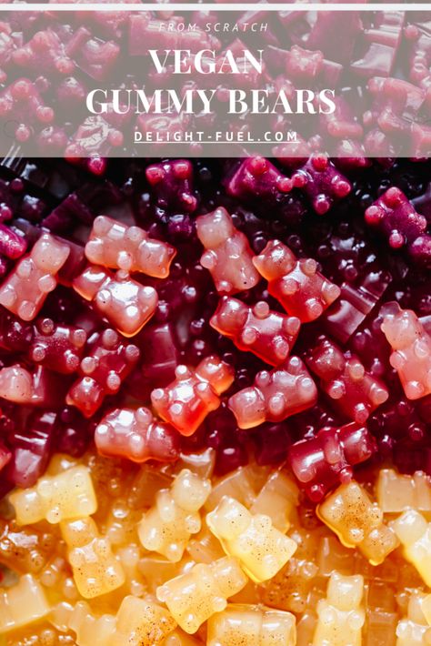 Vegan Gummy Bears - Delight Fuel Plant Based Candy Recipes, Gummy Candy Recipe, Gummy Recipe, Vegan Gummy Bears, Postpartum Meals, Vegan Candy, Gummies Recipe, Bear Recipes, Vegan Gummies