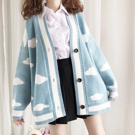 Cloud Sweater, Mode Harajuku, Goth Outfit, Mode Kawaii, Kawaii Fashion Outfits, Mode Kpop, White Cloud, Fete Anime, Sweater Coat