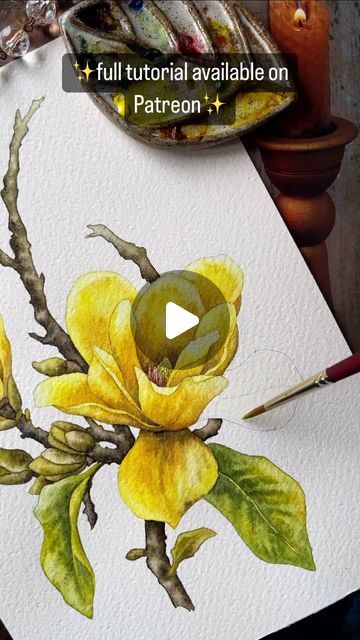 Watercolor Art Fruits And Vegetables, Flower Watercolour Painting, Botanical Watercolor Tutorial, Watercolor Techniques Tutorial, Simple Watercolor Flowers, Botanical Watercolor Painting, Yellow Magnolia, Watercolor Botanicals, Painting Flowers Tutorial