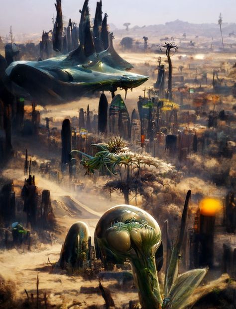 Alien city in the distance, alien landscape Exoplanet Landscape, Space Colonization, Alien City, Alien Planets, Alien Technology, Aliens History, Alien Landscape, Art Scenery, Alien Planet