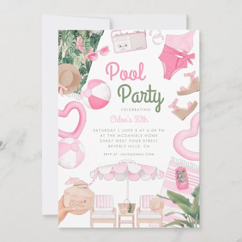 Pink Pool Party Invitation, Pool Party Invitations For Adults, Pink And White Pool Party, Adult Pool Party Themes, Pool Party Themes For Adults, Glam Pool Party, Cabana Pool Party, Teen Pool Parties, Adult Pool Party