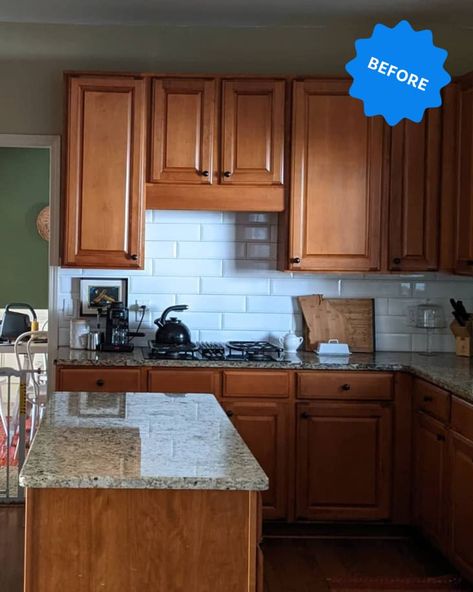 Dream Kitchen Renovation, Brown Counters White Cabinets, Wood Kitchen Cabinet Makeover, Not White Kitchen Ideas, Kitchen Design Brown Countertop, Tile Backsplash Oak Cabinets, White Kitchen Countertops Wood Cabinets, Granite Counter Tops With Honey Oak Cabinets, Backsplash With Beige Countertops