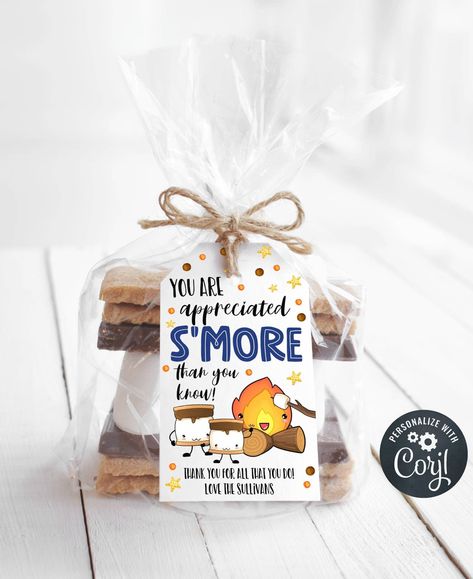 Editable S'mores Gift Tag Template, Printable Appreciated S'more Than You Know Tag, Teacher Employee Appreciation Gift Tag, Instant Download #editablegifttags #teacherappreciation #printableteachertags #endofyeargift #employeethankyou #teamappreciation #smoresappreciationtag #youareappreciatedsmore #teacherappreciationweek S'more Appreciation, Smore Gift Tag, S'more Thank You Gift, S'more Referrals, Smore Teacher Gift, We Need S'more Teachers Like You, Camp Staff Appreciation Ideas, Smore Teacher Appreciation, Smores Gift Ideas