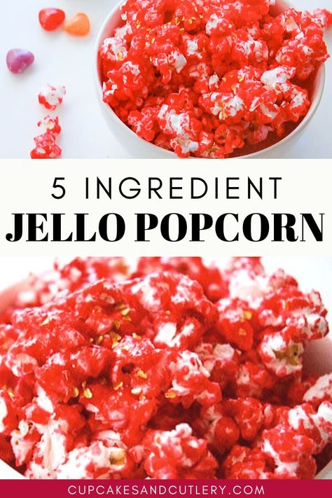 This easy Jello Popcorn is a fun sweet treat to make with the kids! Candy coated popcorn is easy to make with things you probably have on hand. A crunchy, cherry coating is an easy way to jazz up plain popcorn.  #Jellopopcorn #cherrypopcorn #candypopcorn #easysnacks #kidssnacks Jello Flavored Popcorn Recipes, Popcorn Balls With Jello, Popcorn Jello, Jello Popcorn Balls Recipe, Jello Popcorn Recipe, Jello Popcorn Balls, Candy Coated Popcorn Recipe, Popcorn Hands, Candy Coated Popcorn