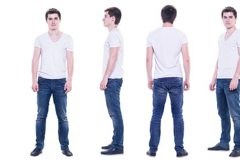 Collage photo of a young man in white t-shirt isolated, front, back, side view. Side View Drawing, Human Back, Human Sketch, Best Profile, Male Models Poses, Wonder Woman Logo, White Shirt Men, Best Profile Pictures, Model Profiles