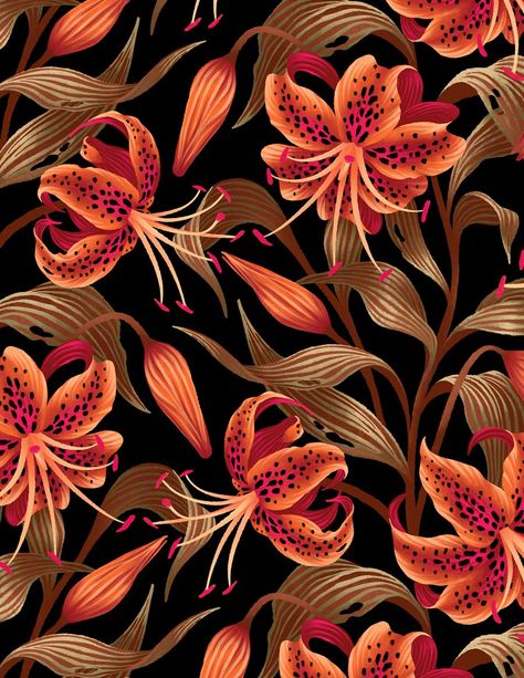 Orange Tiger Lily flowers repeating pattern with brown leaves on black background Tiger Lily Illustration, Floral Textile Prints Design, Tiger Lily Aesthetic, Floral Textile Prints, Tiger Lily Tattoo, Orange Tiger Lily, Lily Illustration, Tiger Lily Flowers, Tiger Lily Tattoos