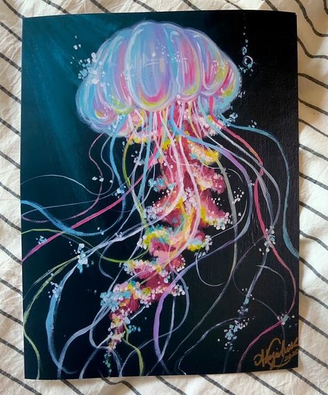 Jellyfish Art Painting, Paintings Of Jellyfish, Colorful Jellyfish Painting, Jelly Fish Painting Ideas, Jellyfish Drawing Colored Pencil, How To Paint Jellyfish, Jellyfish Oil Pastel, Jellyfish Art Acrylic, Jellyfish Painting Acrylic Easy