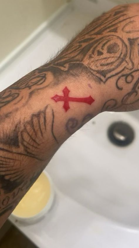 Wrist Red Cross Tattoo Red Cross Tattoo, Calf Sleeve Tattoo, Cloud Tattoo Sleeve, Arm Tattoos For Guys Forearm, Tattoo Red, Cool Wrist Tattoos, Cross Tattoo For Men, Clever Tattoos, Wrist Tattoos For Guys