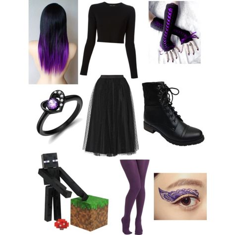 A set I made on Polyvore. It is an outfit based on the Enderman from Minecraft. Enderman Inspired Outfit, Enderman Halloween Costume, Enderman Themed House Minecraft, Minecraft Enderman Costume, Minecraft Wither Costume, Casual Cosplay, Aesthetic Outfits, New Outfits, Minecraft