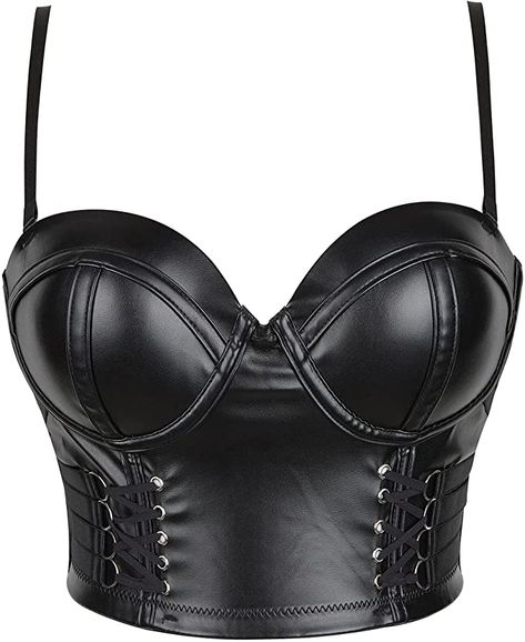 Amazon.com: Women's PU Leather Black Bustier Cami Top Sexy Push Up Overbust Corset: Clothing, Shoes & Jewelry Black Bustier Outfit, Leather Clothes For Women, Leather Bras, Leather Bustier Top, Striper Outfits, Womens Corset Tops, Black Bra Top, Black Leather Corset, Bra Corset