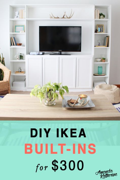 IKEA Billy Bookcase Built-In Hack — Amanda Katherine Built In Bookshelves, Billy Ikea, Ikea Built In, Billy Bookcase Hack, Ikea Tv, Ikea Billy Bookcase Hack, Ikea Bookcase, Built In Entertainment Center, Ikea Bookshelves