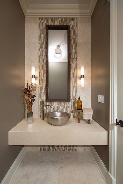 Modern Contemporary Powder Room With Travertine Tile - Unique Contemporary Powder Room Design by Miller + Miller Architectural Photography | Houzz Bathroom Interior Design Contemporary, Half Bathroom Wallpaper Ideas, Half Bathroom Wallpaper, Half Bathroom Design Ideas, Half Bathroom Design, Rustic Powder Room, Contemporary Powder Room, Renovation Inspiration, Powder Room Design