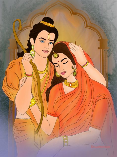 Digital art of sita ram Ram Sita Illustration Art, Ram And Sita Sketch, Ram Sita Illustration, Sita Ram Paintings, Sita Ram Rangoli Design, Shree Ram And Sita, Sita Ram Drawing, Ram Sita Rangoli, Ram Sita Painting