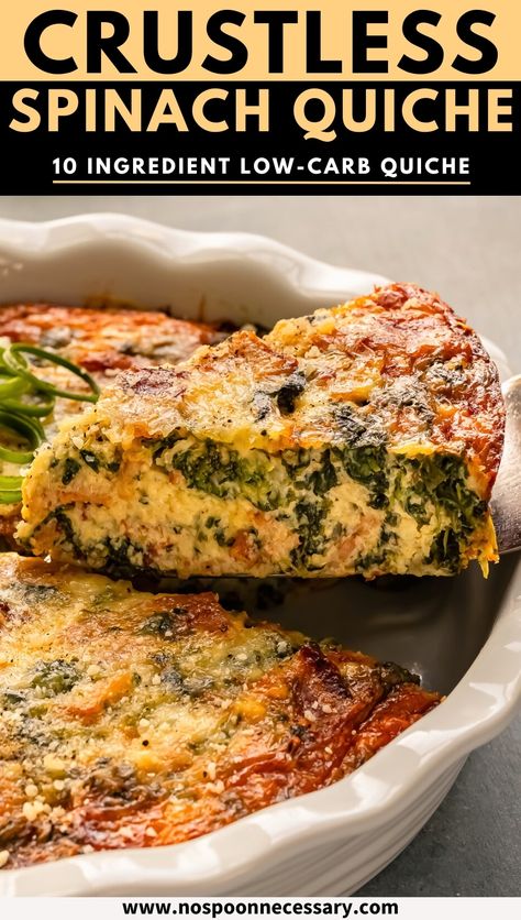 Experience the ultimate convenience and taste with this crustless spinach quiche recipe, where every bite bursts with savory, eggy goodness. This easy-to-make quiche features tender spinach, crispy bacon, and two types of cheeses – without the fuss of a crust. Ideal for both quick meals and elegant brunches, this delightful low-carb egg dish will quickly become a favorite! Crustless Crawfish Quiche, Spinach Crustless Quiche Recipes, Spinach Quiche Recipes Easy Crustless, Saurcraught Recipes, Quiche Without Crust, Low Fat Quiche Recipes, Asparagus Quiche Crustless, Spinach Quiche Recipes Crustless, Crustless Quiche Recipes Easy