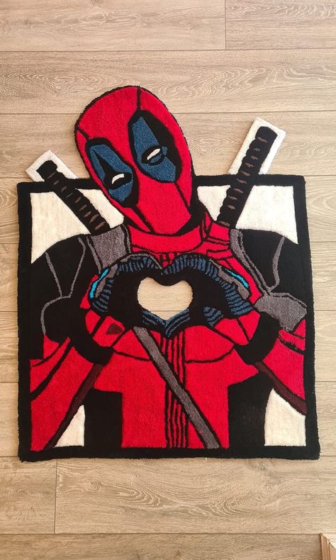 Handmade custom anti hero comic rug. Hand tufted by KandiTuft. Excellent accent piece for the kids, home office or focal point in the house! Soft and fluffy on the feet too! Tufting Rugs, Tufting Rug, Hero Comic, Tufting Diy, Funky Rugs, Dead Pool, Chest Piece Tattoos, Tufted Rugs, Anti Hero