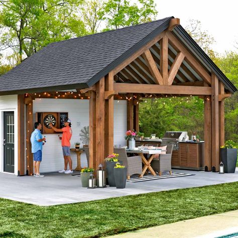 Outdoor Kitchen Off Of Garage, Outdoor Pergola Bar Ideas, Shed Outdoor Living Space, Outdoor Kitchen Setup Ideas, Shed With Gazebo, Gazebo With Kitchen Ideas, Garage Outdoor Living Space, Patio Carport Combo, Garage With Outdoor Living Space