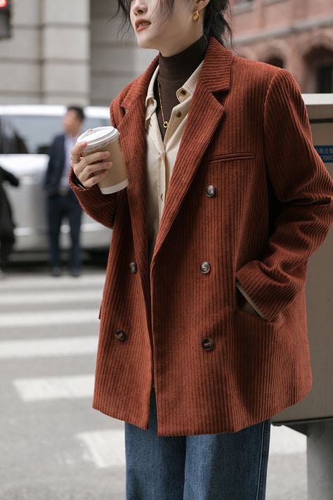 Pre-order status: Ships out in 2-3 weeks. Corduroy blazer jacket in an oversized boxy fit for a rustic vintage look. Double breasted button up closure with side pockets and notched lapels. Lined. XS: 16" across shoulders, 43" chest, 28.5" lengthS: 17" across shoulders, 44.5" chest, 29" lengthM: 18" across shoulders, 46" chest, 29.5" lengthL: 19" across shoulders, 47.5" chest, 30" length Women Jackets Casual, Oversized Blazers, Jackets Casual, Vintage Corduroy, Womens Jackets Casual, Women Jackets, Corduroy Blazer, Mode Chic, Breasted Blazer