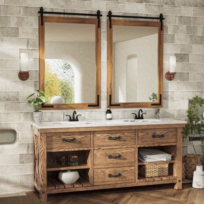 Rustic Farmhouse Bathroom Mirrors, Rustic Bathroom Ideas Decor, Farmhouse Bathroom Vanity Mirror, European Style Homes Interior, Barndoor Bathroom, Bathroom With Wood Vanity, Rustic Chic Bathroom, Hickory Bathroom, Rustic Bathroom Vanity Ideas