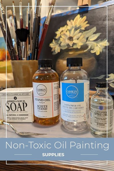 Non-toxic oil painting supplies to use indoors. Avoid fumes, harmful chemicals and paint in a safer environment. Oil Painting Essentials, Oil Paint Supplies, Oil Painting Supplies, Oil Paint Set, Color Switch, Olive Oil Soap, Paint Brands, Safflower Oil, Artistic Inspiration