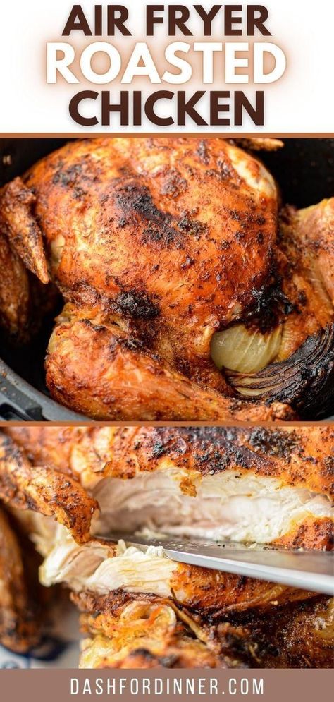 This Air Fryer Whole Chicken recipe is a rotisserie style whole chicken that can be made easily in your air fryer! All you need is a few ingredients to make a delicious seasoning rub, an air fryer, and about an hour. After that, you'll have a rotisserie style air fryer whole chicken that is perfect for a main dish or even for meal prep! You'll never want to buy these from the store every again! This easy air fryer chicken recipe will become a regular occurrence in your home, just watch! Roasted Chicken Whole Air Fryer, Airfry Whole Chicken Recipes, Air Fryer Half Chicken Recipes, Whole Chicken In Air Fryer Recipes, Full Chicken In Air Fryer, Whole Chicken Rotisserie Recipes, Whole Fryer Chicken Recipes, How Long To Cook Chicken In Air Fryer, Whole Chicken Air Fryer Recipes