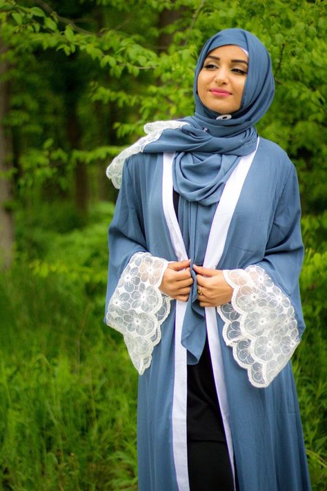 Lace Sleeve Open Abaya - Blue (Magnolia Floral Lace) Party Wear Abaya, Abaya Designs Dubai, Designer Abaya, Bridal Hijab Styles, Blue Magnolia, Modest Activewear, Abaya Design, Modest Apparel, Hijab Designs