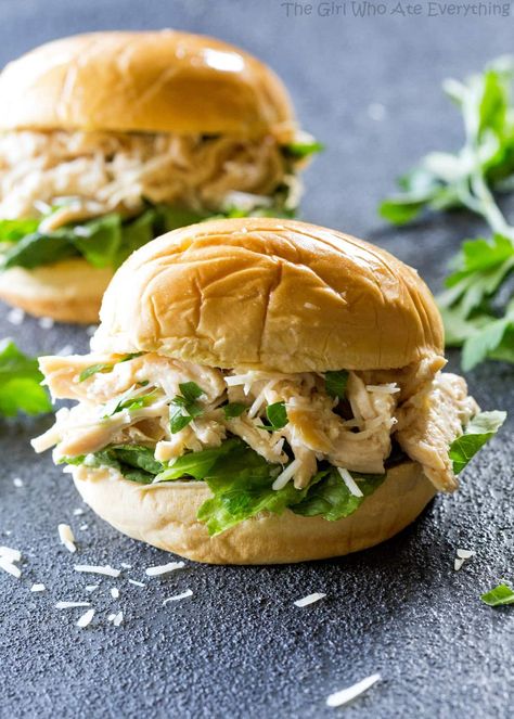 Slow Cooker Chicken Caesar Sandwiches - a tried and true favorite! the-girl-who-ate-everything.com Slow Cooker Chicken Caesar Sandwiches, Chicken Caesar Sandwich, The Girl Who Ate Everything, Chicken Caesar, Chicken Sandwiches, Pulled Chicken, Best Slow Cooker, Chicken Slow Cooker Recipes, Köstliche Desserts