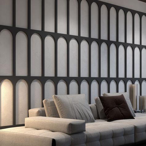 Accent Wall Geometric, Wall 3d Panels, Modern Plastering, Wall Arches, Wall Geometric, Receiving Area, Accent Wall Panels, Mdf Wall Panels, Savings Ideas