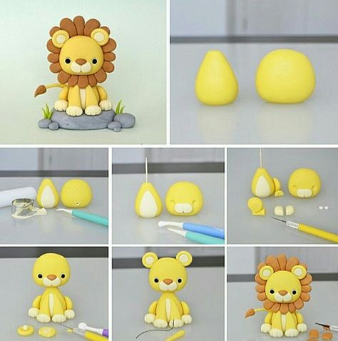 Lion Cake Topper, Kue Fondant, Flori Fondant, Lion Cake, Tutorial Origami, Clay Crafts For Kids, Safari Cakes, Fondant Animals, Cake Topper Tutorial