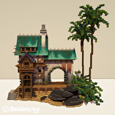 A Minecraft medieval house with pirate inspiration. Download my builds on Patreon! Beekeeper House Minecraft, Minecraft Tower Bridge, Minecraft River House Ideas, Minecraft Stone Archway, Minecraft Roofs Designs, Minecraft Gate House, Minecraft Mineshaft Entrance Ideas, Minecraft Castle Idea, Minecraft Dark Oak Forest