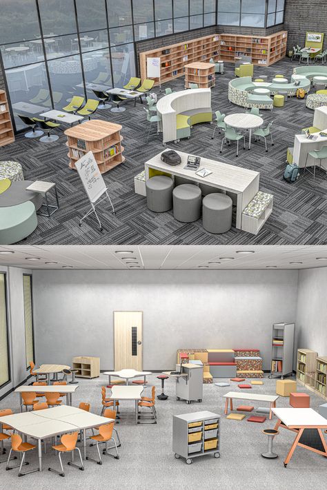 Open Learning Spaces, Student Center Furniture, Classroom Furniture Ideas High School, Higher Education Classroom Design, Student Spaces Design, Modern Learning Spaces, Interactive Classroom Design, Learning Spaces Design, Teachers Room Design