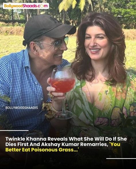 Recently, Twinkle Khanna shared that she often asks her husband, Akshay Kumar, whether he will remarry if she dies first and warned him against it, she said: "I told my husband (Akshay), 'Acha (listen), if I die first, you better eat poisonous grass too. If I see your second wife walking around with my handbags, I promise I will come and haunt you both.'" If you would like to know more details, here's the link: https://www.bollywoodshaadis.com/articles/twinkle-khanna-reveals-what-she-will-d... Shadab Khan Wife, Twinkle Khanna Old Pics, Twinkle Khanna, Second Wife, Akshay Kumar, She Said, Eating Well, I Promise, Twinkle Twinkle