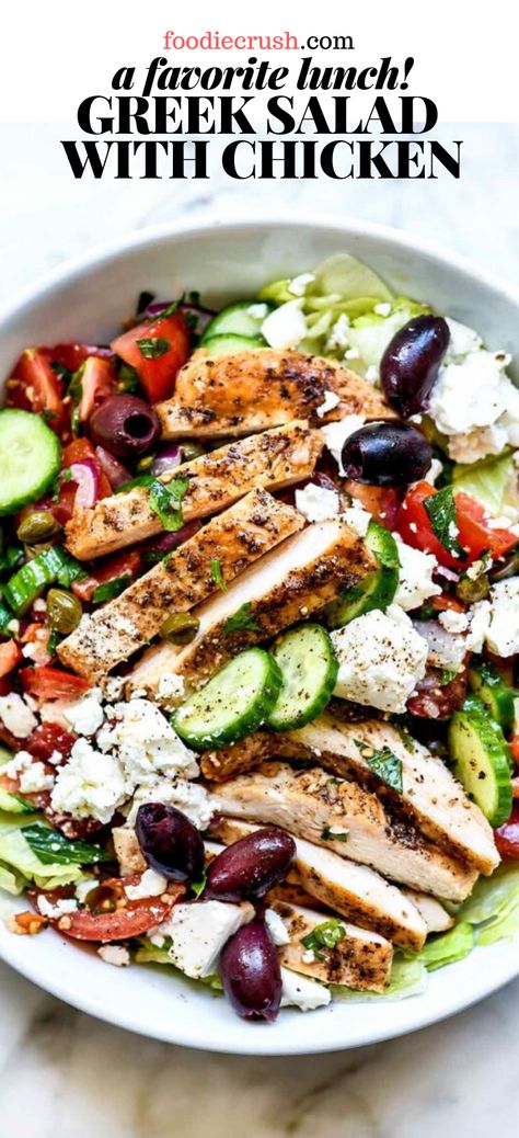 Salad Topped With Chicken, Chicken For Greek Salad, Greek Chicken With Cucumber Feta Salad, Mediterranean Diet Greek Salad, Chicken Souvlaki Salad Recipe, One Pan Roasted Greek Chicken Salad, Greek Salad Chicken Marinade, Light And Easy Dinners Healthy, Greek Chicken Salad Meal Prep