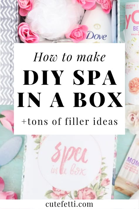 DIY Spa in a box. Perfect gift idea with so many filler ideas! Mother's Day and birthdays. Diy Bath Gift Set, Spa Easter Basket Ideas, Diy Beauty Box Gift Ideas, Spa Day Basket Ideas Diy, Spa Gift Ideas Diy, Spa In A Box Gift Diy, Spa Gift Bag Ideas, Spa Day Gift Ideas, Diy Spa Kit Gift