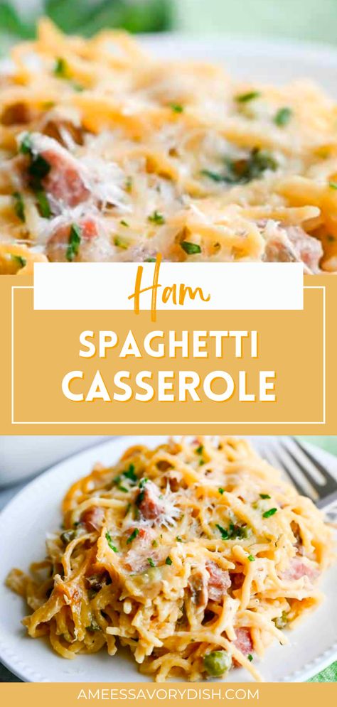 Transform those holiday ham leftovers into a Ham Spaghetti Casserole! This creamy and comforting pasta bake is easy to make and packed with 31 grams of protein per serving, making it the perfect choice for a delicious and nutritious family-style meal. Make this delicious, comfort recipe today, and get rid of those holiday leftovers! Ham Pasta Casserole Recipes, Ham And Spaghetti Casserole, Spaghetti And Ham Recipes, Ham Spaghetti Recipes, Ham Pasta Bake, Ham And Pasta Casserole Recipes, Leftover Ham Pasta Recipes, Leftover Ham Recipes Dinners Main Dishes, Spiral Ham Leftover Recipes